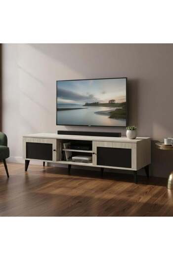 BAITY 10 Malaysian Wood TV Table 180 cm with 2 Drawers and Shelves - Beige and Black