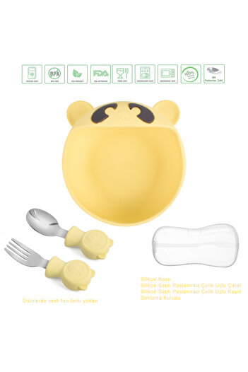 jojobebek Yellow Premium Children's Vacuum Silicone Feeding Bowl, Stainless Steel Fork-Spoon /9+ Months