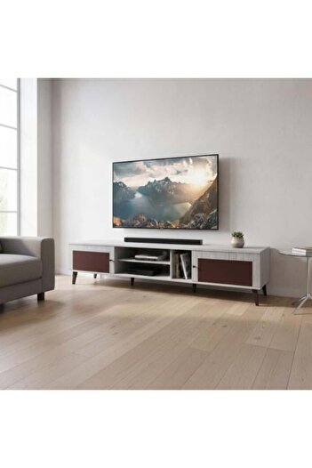 BAITY Wooden TV Table, Malaysian Made, 200 cm, 2 Drawers and Shelves - Grey and Dark Brown