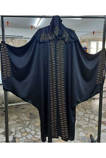 GigiTex Hi̇jap Dubai Stylish and High Quality Satin Black Hooded Stone-Embellished Abaya Ferace Oversize