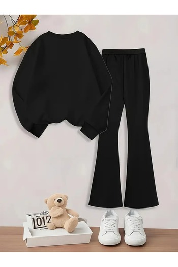buendiakids Set de pantaloni spanioli cu gât rotund, cu imprimeu Peace Love Stitch, negru, pentru fete