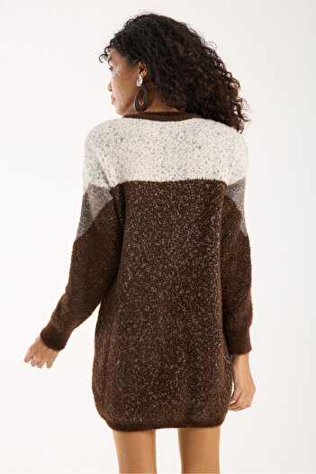 Moda Days Women's Bitter Brown Glittery Beard Yarn Color Block Crew Neck Knitwear Sweater