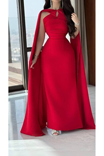 Generic Royal red dress with a long cape and an elegant and eye-catching design