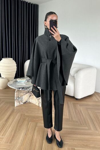 FMN Moda Women's Stand Collar Buttoned Sash Detail Cashmere Fabric Loose Fit Design Pinterest Brand Equivalent Poncho Coat