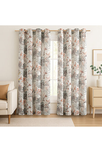 Five Store Linen fabric curtain with rings, floral pattern, Aysel, density 200 g/m2, 135 x 270 cm, coral