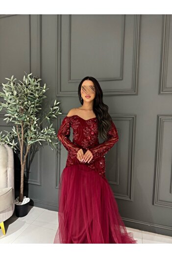 Generic Burgundy embroidered off-shoulder evening dress with a wide tulle skirt