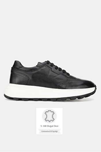 TUNAELLİ Men's Black Genuine Natural Leather Size 39-46 Eva Sole Lace-Up Sneaker Shoes