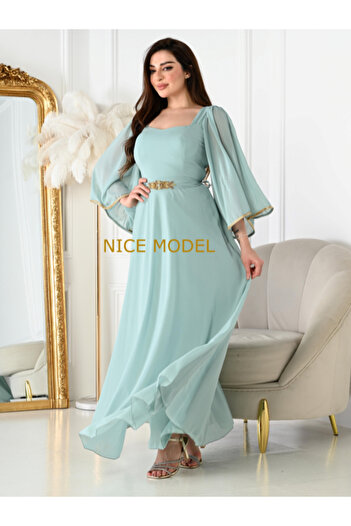 TREN Elegant Chiffon Maxi Evening Dress Stone Belt Flowing Sleeves Formal Party Gown Mint Green