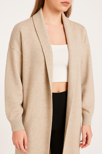 naymanlife Women's Beige V-Neck Basic Standard Size Oversize Fit Long Knitwear Cardigan