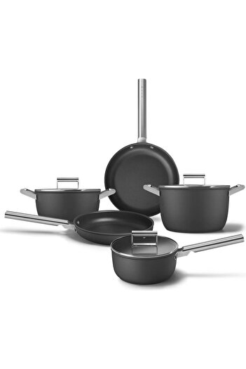 SMEG Cookware 50's Style Prima Plus 5-Piece Black Pot & Pan Set