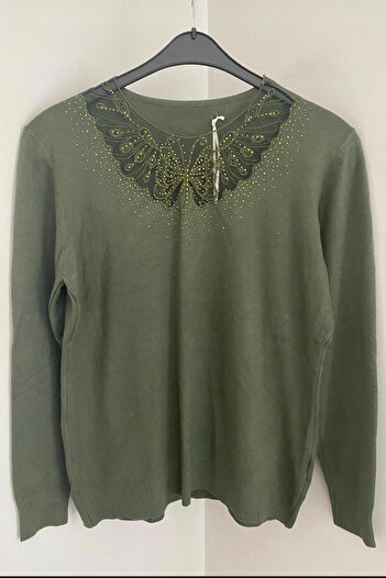 AYASOFYA OTANTIK Women's Italian Khaki Round Neck Butterfly Lace Detailed Long Sleeve Angora Sweater Blouse