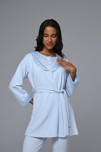 Lohussa Women's Blue Jacquard Shawl Collar Winter Special Design Maternity Maternity Dressing Gown Pajama Set