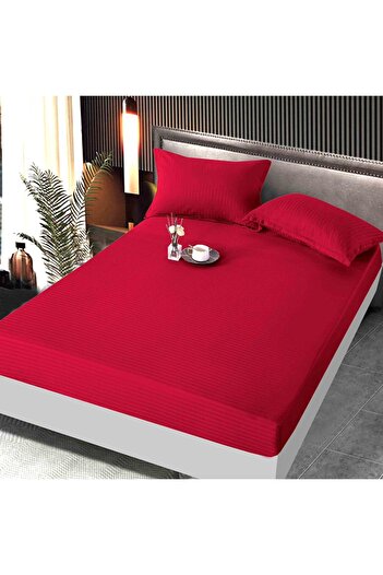 Kotonia Home Elastic bed cover, 100% cotton, Damask Satin, stripe size 1 cm, Red, 180x200+25 cm