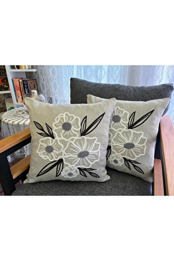 Mustgross Bohemian Punch Embroidered Linen Cushion Cover Set of 2 - 43X43 cm - Anthracite Color