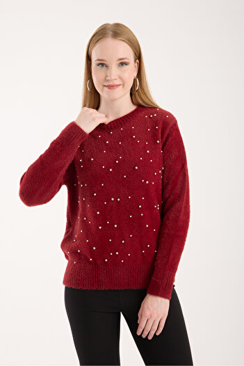 Moda Days Women's Burgundy Beard Yarn Stone and Pearl Detailed Crew Neck Knitwear Sweater