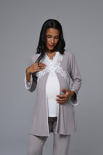 Lohussa Women's Ecru Jacquard Lace Detailed Winter Special Design Maternity Pajama Set