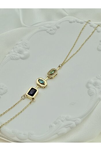 Snartun Three Stone Detailed Gold Color Shahmeran Women's Jewelry – Green & Navy Blue Stones