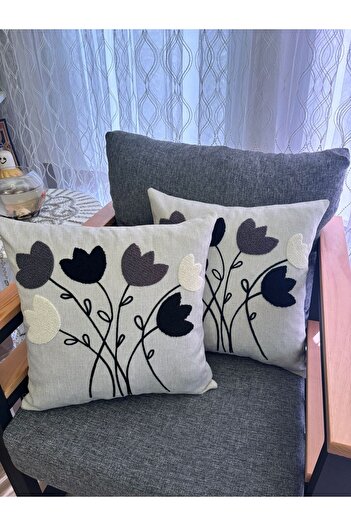 Mustgross Bohemian Punch Embroidered Linen Cushion Cover Set of 2 - 43X43 cm - Anthracite Color