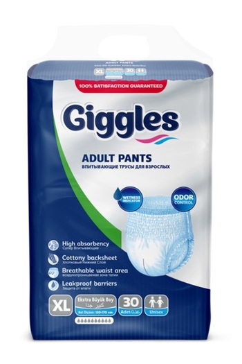 giggles Culotte Adult Diapers Pants 30 Pieces with Wetness Indicator and Odor Control Extra Large Size (Made in Türkiye)