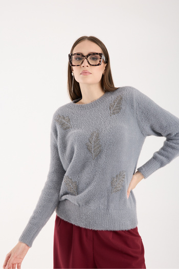 Moda Days Women's Gray Beard Yarn Leaf Pattern Bead Embroidered Crew Neck Knitwear Sweater