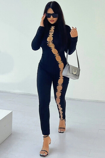 FashionForYou Randy contract lycra jumpsuit, with glove-like sleeves and metal accessories, Black, M