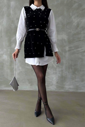 FashionForYou Iuliana shirt-type office dress, with black applique sundress and belt, White, Size S/M