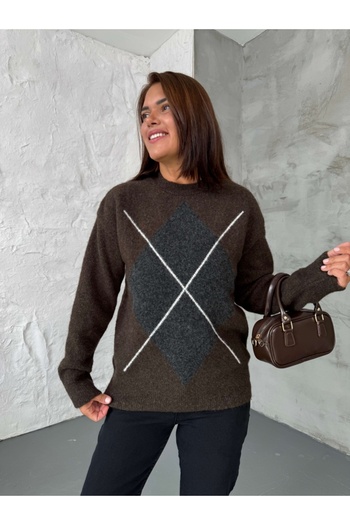 Elif Özbey Butik Brown Anthracite Large Diamond Pattern Sweater