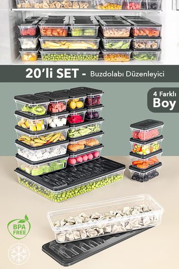 Meleni Home 20-Piece Refrigerator Organizer Set - Microwave-Safe Organizer Freezer Storage Container Anthracite
