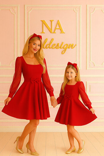 NA ADDESIGN Tulle Sleeve Detailed Double Crepe Mother-Daughter Dress (Must Be Added Separately to the Cart, Prices Are Separate)