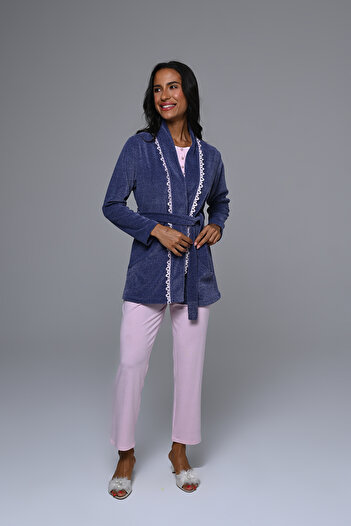 Lohussa Women's Blue Fleece Dressing Gown with Lace Winter Special Design Maternity Postpartum Dressing Gown Pajama Set