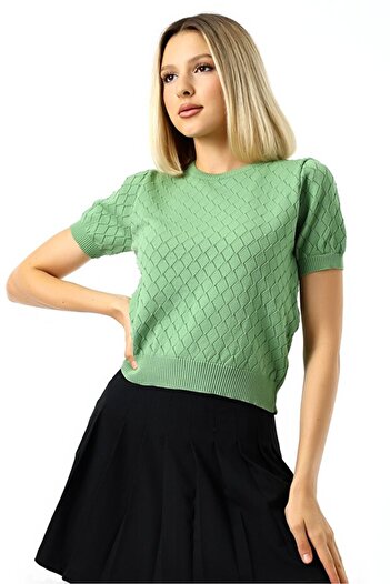 TİSTA Women's Çağla Baklava Patterned Short Sleeve Openwork Knitwear Blouse