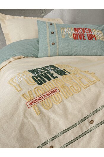 ŞENER HOME Cottonbox Mood Embroidered Ranforce Single Duvet Cover Set Forward Beige