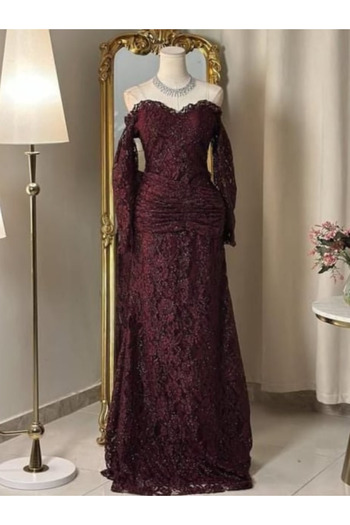 Nice Model Burgundy Lace Off-Shoulder Evening Gown Long Sleeve Formal Party Mermaid Dress Embroidered