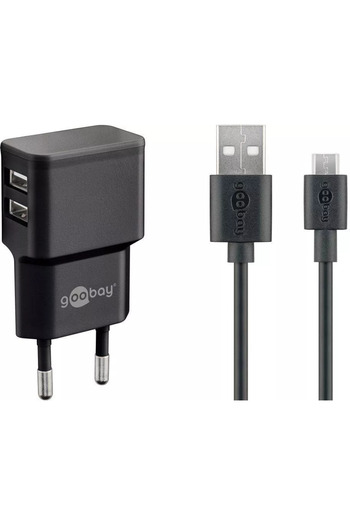 goobay Dual 2x USB mains charger with micro USB cable 2.4A black