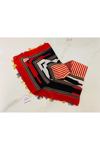 FAMU PAZARLAMA Karadeni̇z Regional Keşan, Scarf, Shawl, Wrap, Writing, Scarf with Evil Eye Beads and Sequins