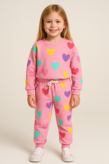 KOKOŞ BEBEK Heart Printed Girls' Tracksuit Set - Age 3/10 - 31507