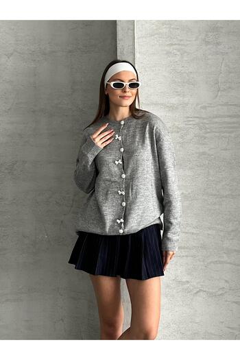 FERZOLAİO Gray Knit Cardigan with Bow and Buttons
