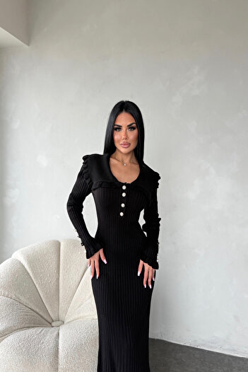 kamacibutik Kayık Yaka Önü Düğmeli Triko Elbise