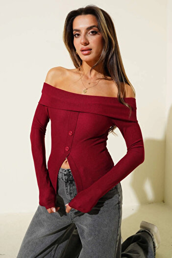 TB Terzi Bey Madonna Collar Buttoned Blouse Burgundy T4329
