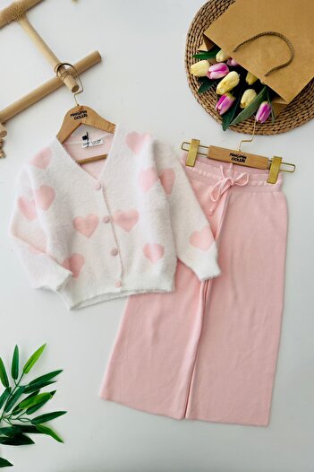 Minigimin Cicileri My Little One's Soft Heart Patterned Girl's Cardigan Knitwear Set - Pink