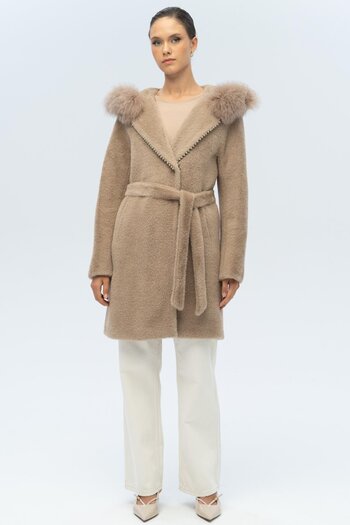 Olcay Plush Coat with Fur Hood and Pearl Detail Vi̇zon 3097-Tk