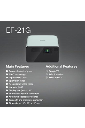 EPSON EF-21 Mini Smart Laser Projector | Full HD | 1000 Lumens | 150 Inch Display with HDR | Green
