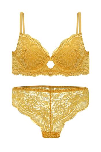 Wonna Lace Low-Cut Bra Panty Set Push Up, 2451 Mustard