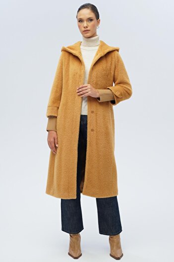 Olcay Hooded Rib Detailed Plush Coat Kamel 3118