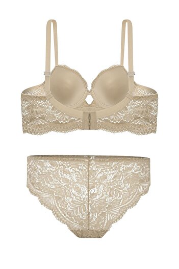 Wonna Lace Low-Cut Bra Panty Set Push Up, 2451 Stone Color