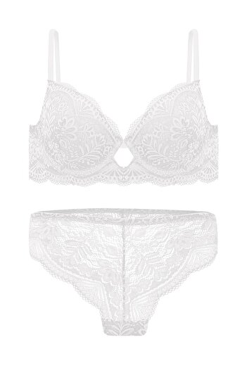 Wonna Lace Low-Cut Bra Panty Set Push Up, 2451 Ecru