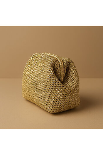 CHANCE GİFT Women's Sparkling Shiny Gold Bag Knitted Paper String Wedding Invitation Special Occasion Stylish Clutch Bag 25 cm