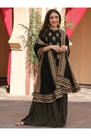 ZERE Black Festive Gold Gharara Kurta Dupatta Set