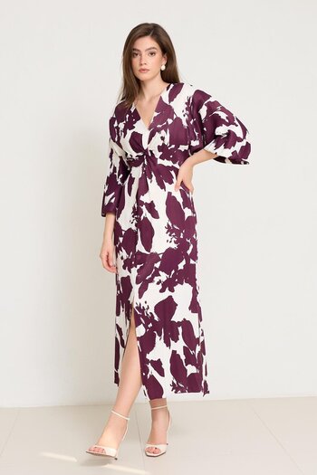 Setre Ecru-Burgundy Collar Detailed Comfortable Cut Patterned Dress