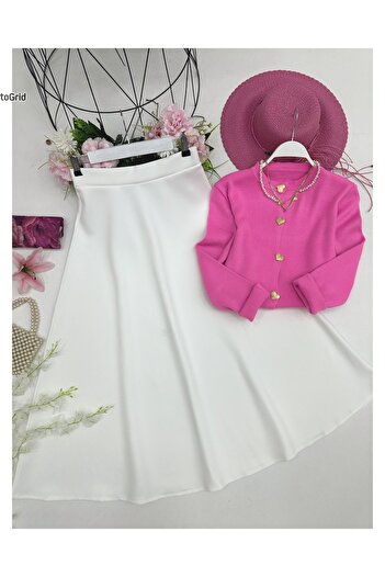 YEDİLALE Heart Buttoned Knitwear Cardigan Flawed Skirt Double Set [Cardigan Std Size, Skirt Size Included]